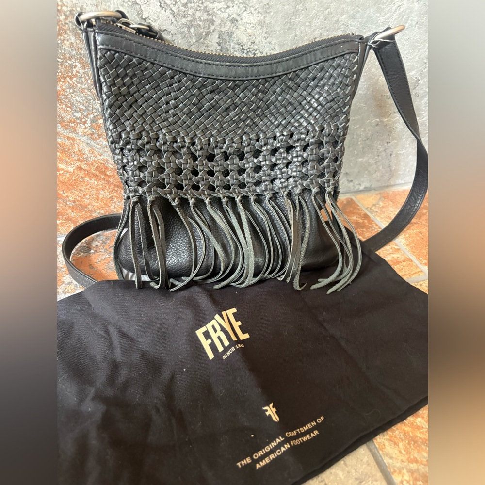 Frye Melissa Woven fringe Swing Pack black leather crossbody Bag